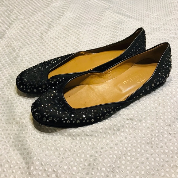 Valentino Garavani Swarovski Crystal Studded Flats Black Satin Size 8.5 - Picture 14 of 14